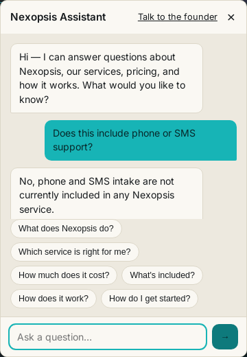 Real screenshot of the Nexopsis chatbot answering a visitor's question